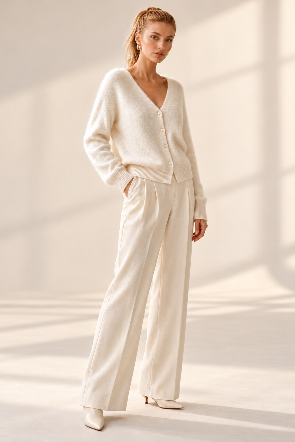 A woman modeling a cream-colored knit cardigan and matching wide-leg trousers in a bright, sunlit studio with soft window shadows.