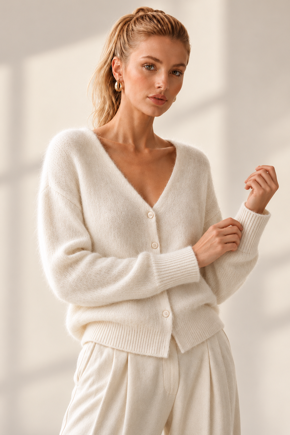 A woman wearing a cream-colored knit cardigan sweater and matching knit pants, standing in a brightly lit room with soft window shadows.