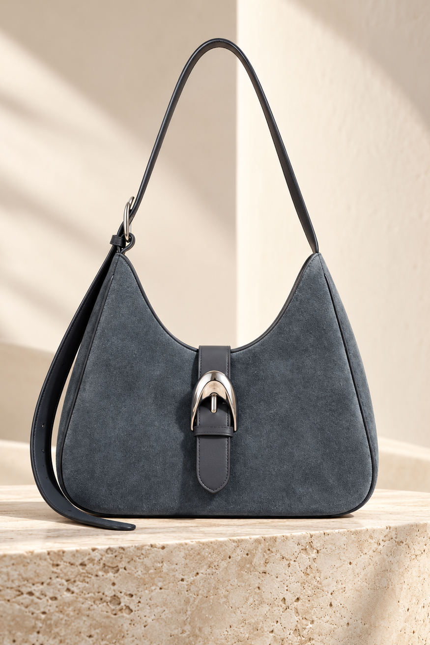 A dark slate blue suede shoulder bag with a black leather strap and buckle closure, displayed on a textured stone pedestal in a warm, sunlit setting.