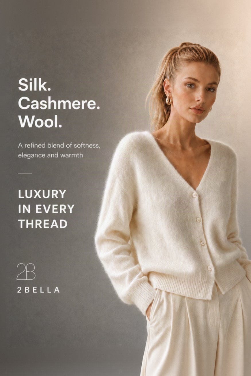 A woman models a soft cream-colored V-neck cardigan sweater made from a silk, cashmere, and wool blend, set against a textured gray background with promotional text on the left.