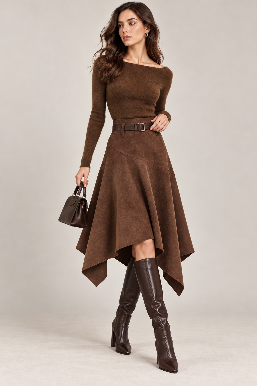 Chocolate Suede Belted Handkerchief Skirt