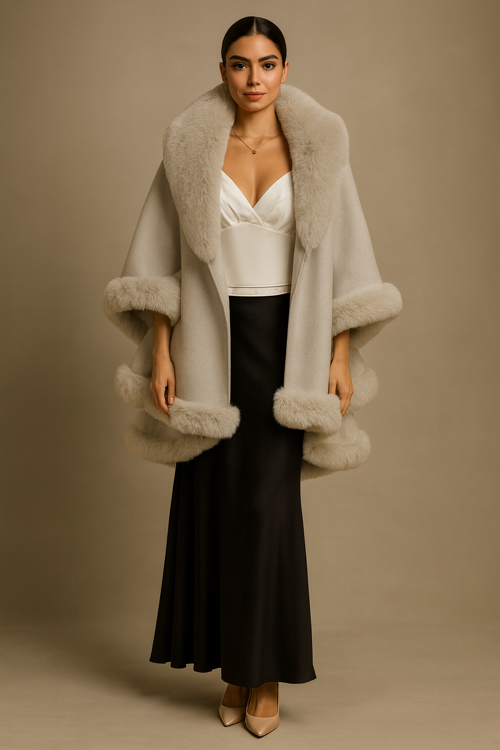 Grey Faux Fur Trim Cape