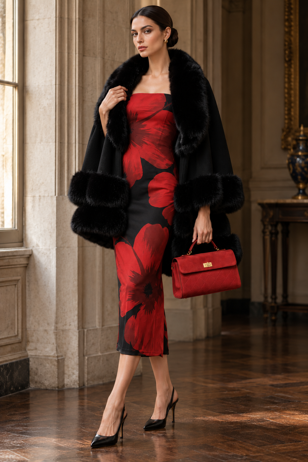 Luxe Faux Fur Trim Cape