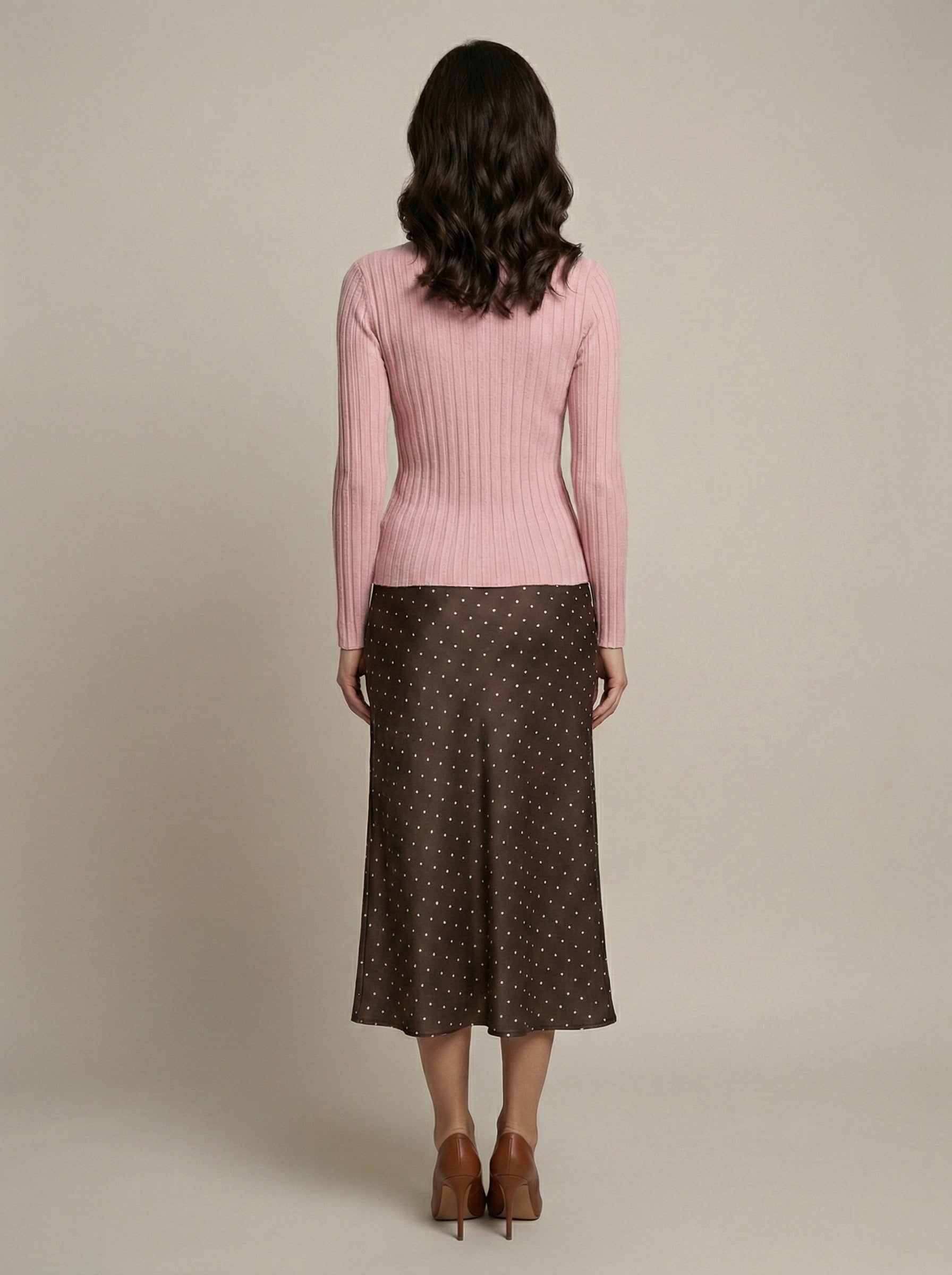 Polka Dot Satin Midi Skirt in Chocolate