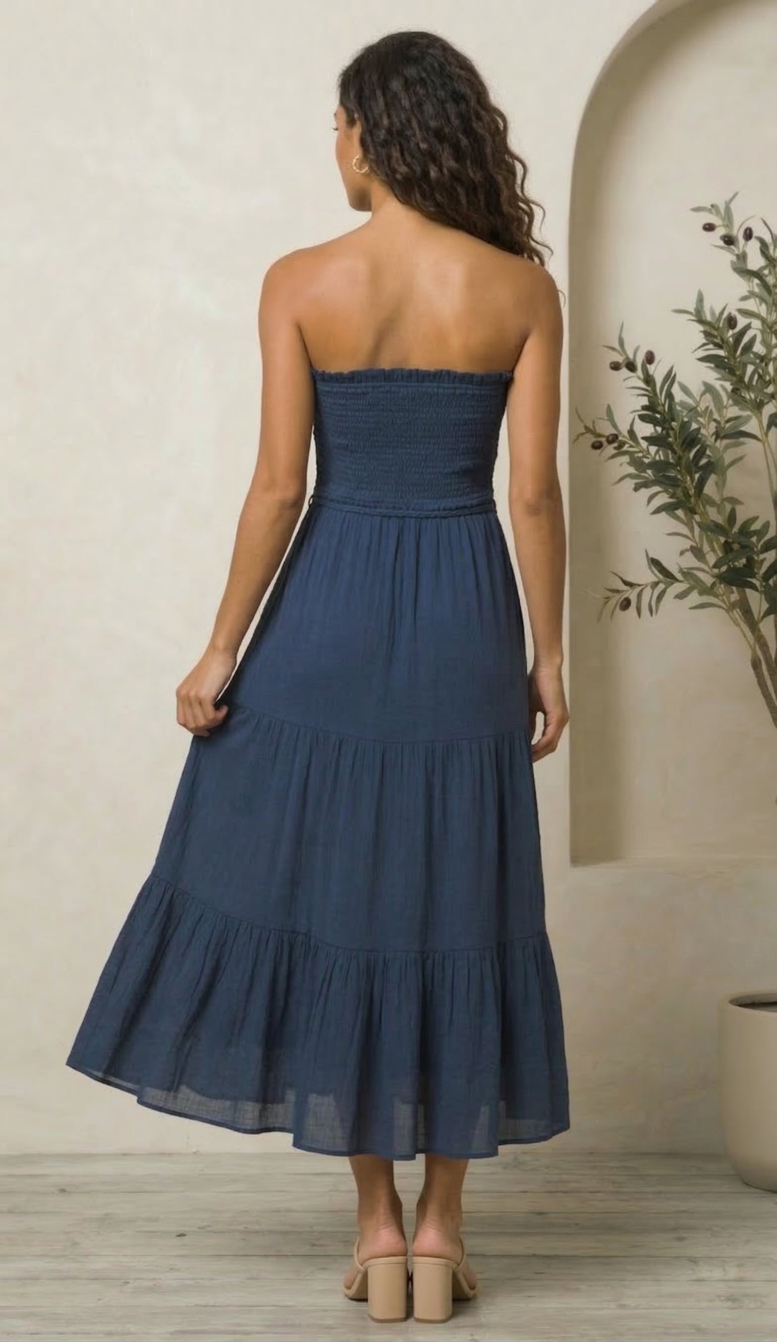 Navy Strapless Smocked Maxi Dress
