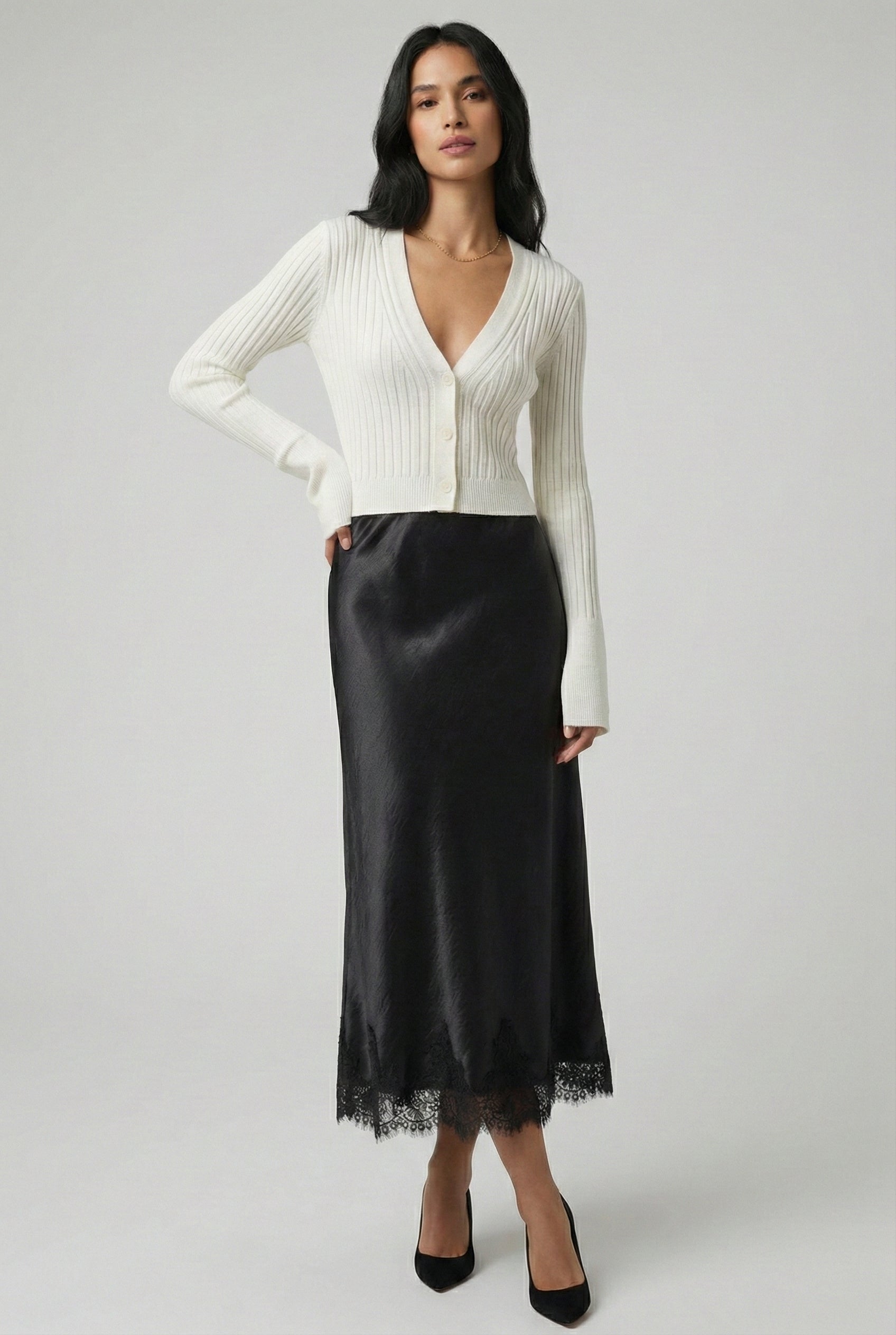Satin Midi Skirt with Lace Trim