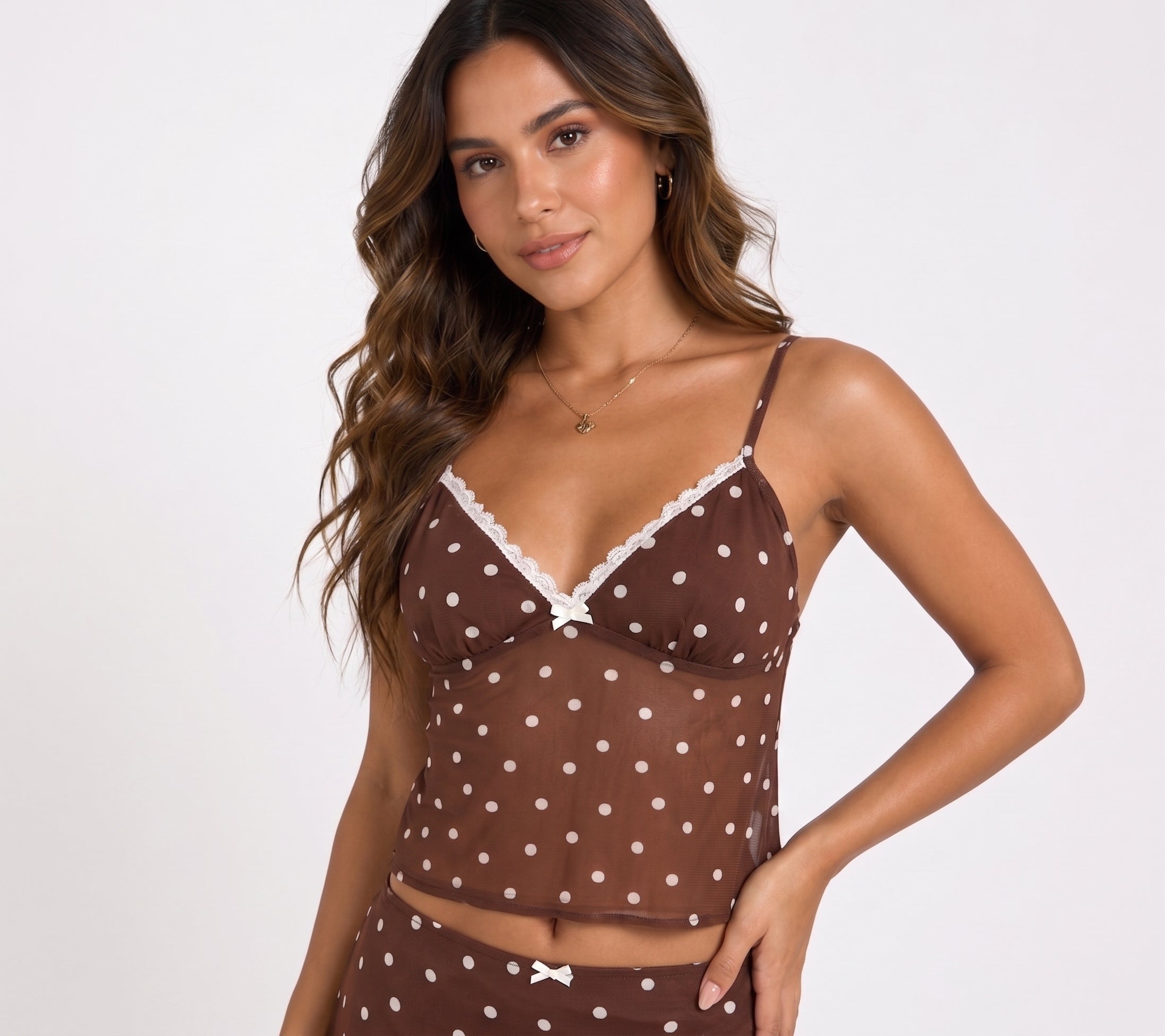 Chocolate Brown Polka Dot Mesh Two-Piece Set