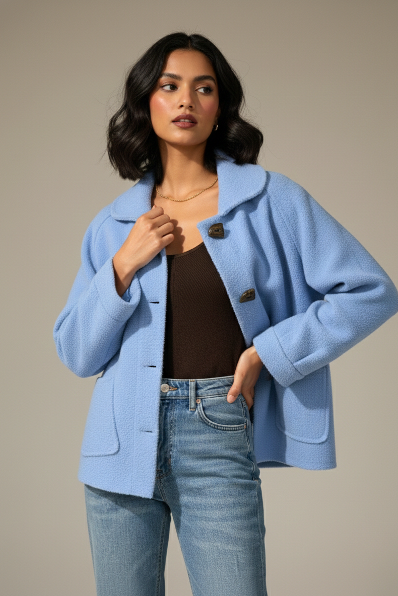Woman wearing a light blue coat over a brown top and jeans on a beige background