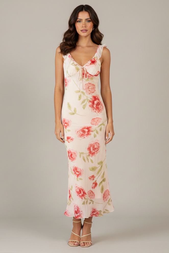 Woman wearing a floral dress against a plain background