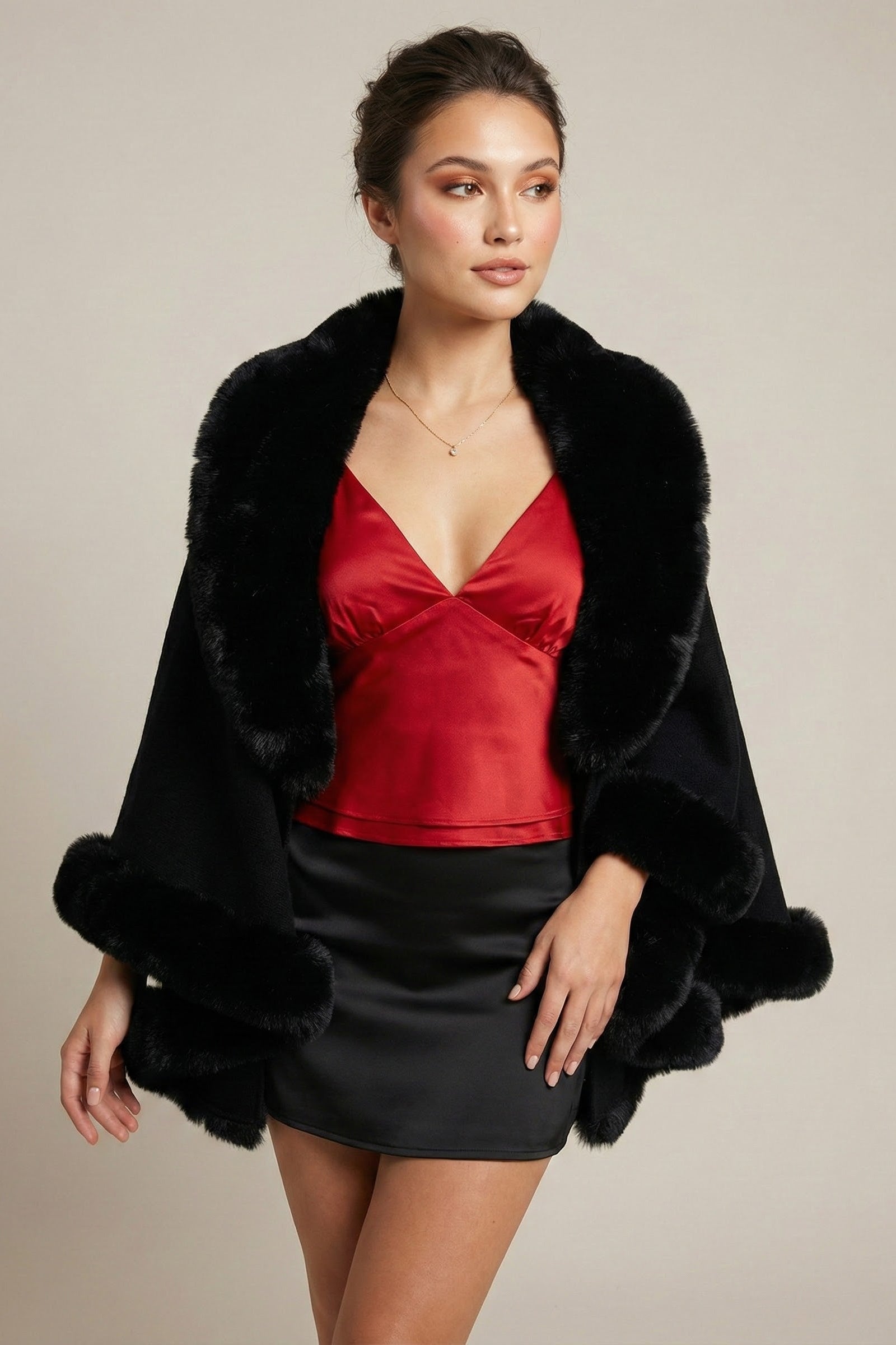 Black Faux Fur Trim Cape