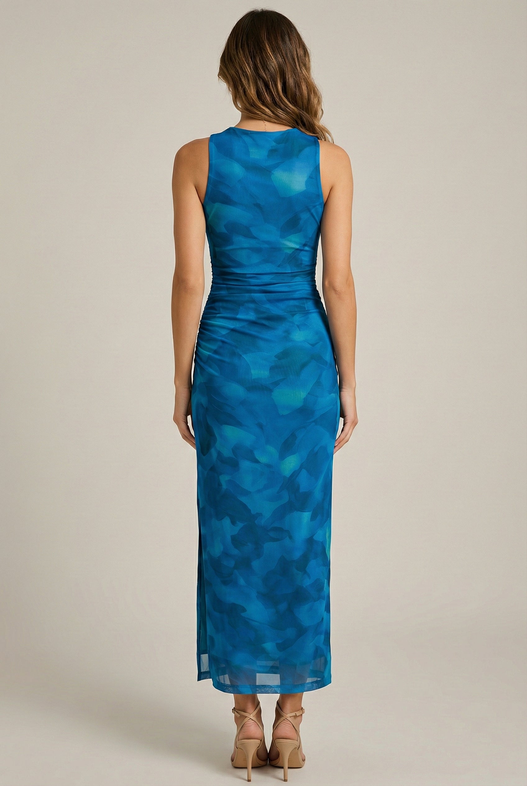 Blue Floral Ruched Maxi Dress