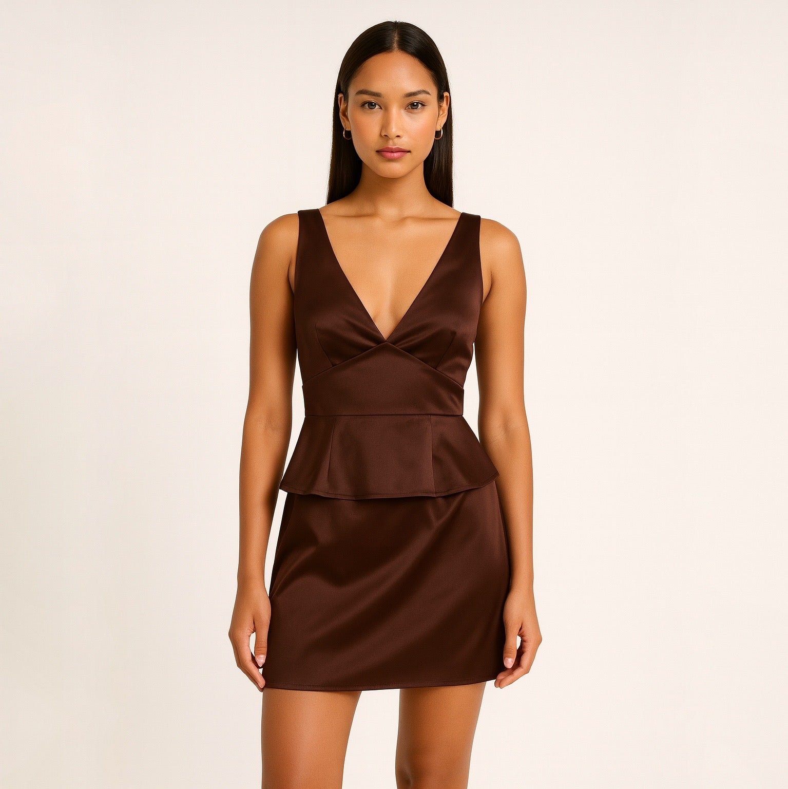 Brown two piece top and mini skirt set worn by a model on a beige background