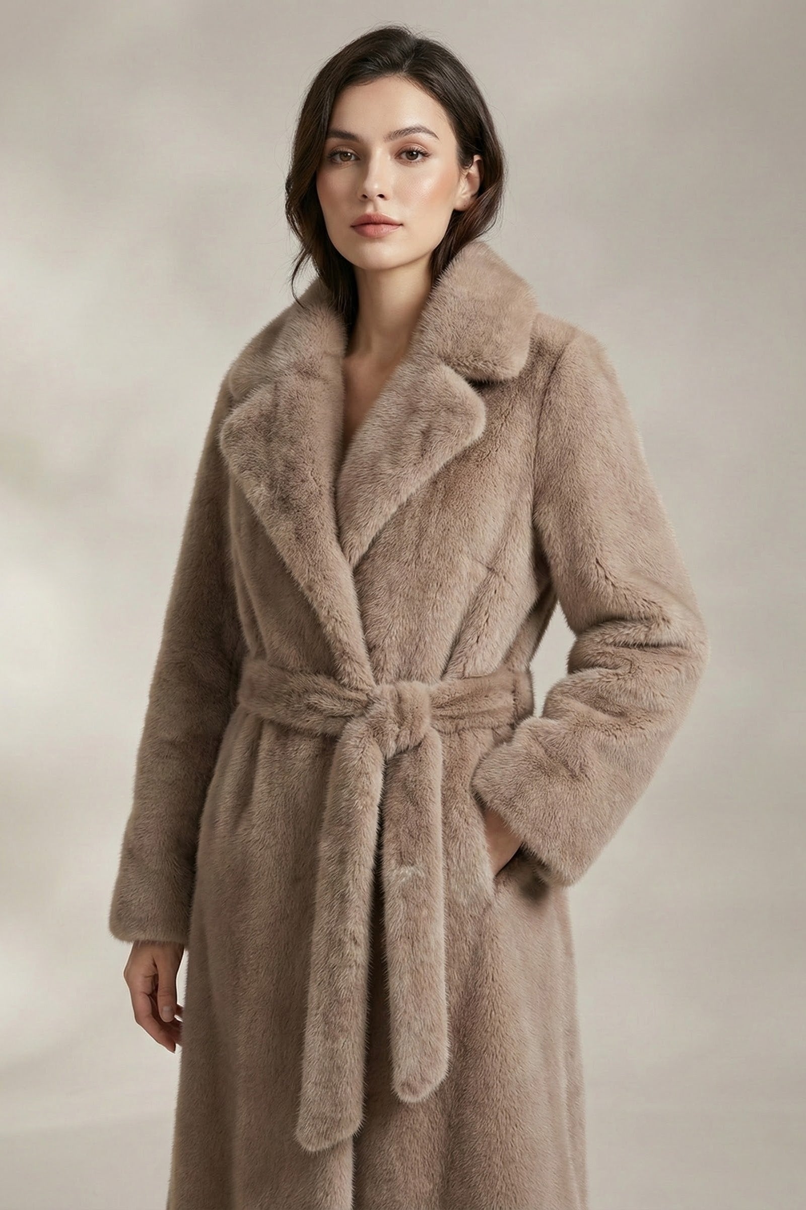 Woman wearing a long, light brown fur coat against a neutral background