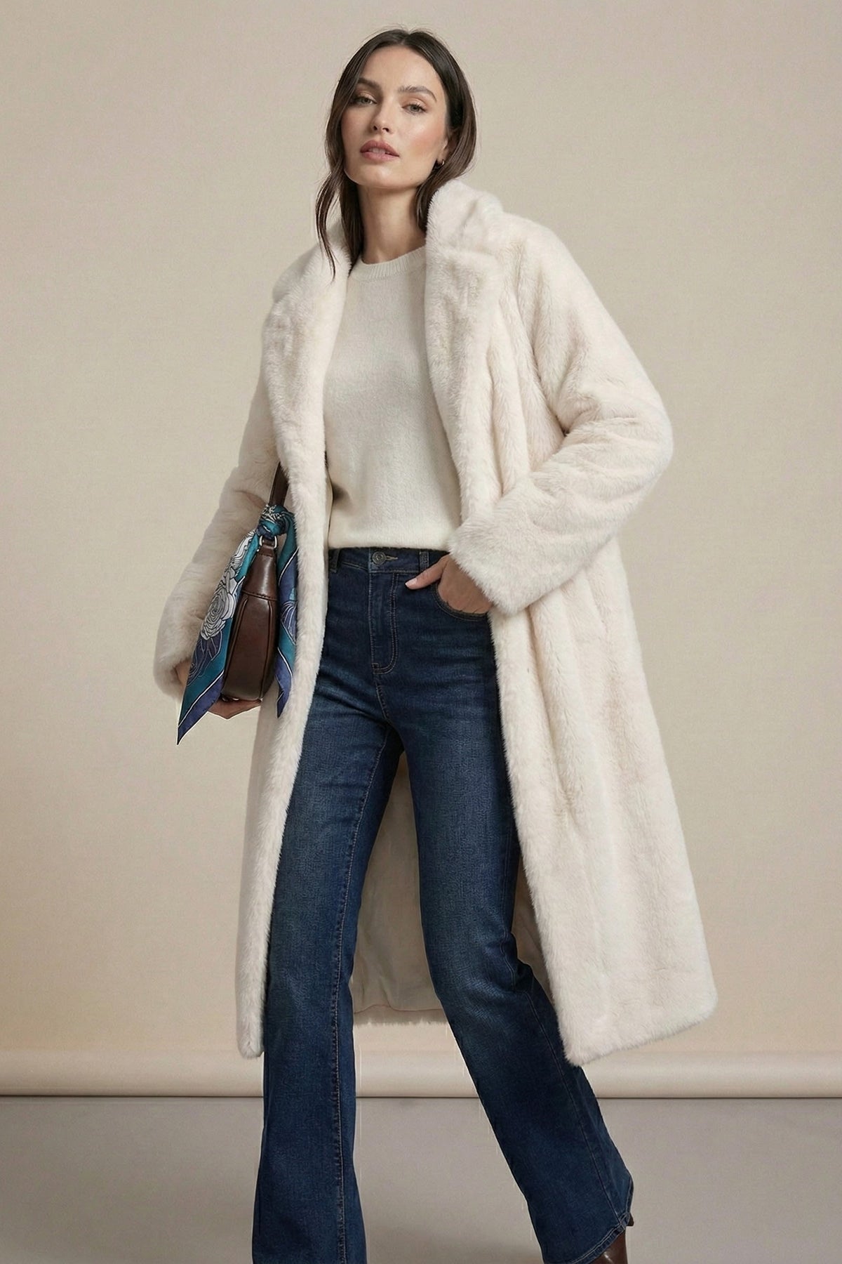 Woman wearing a long cream coat, white sweater, and blue jeans against a beige background