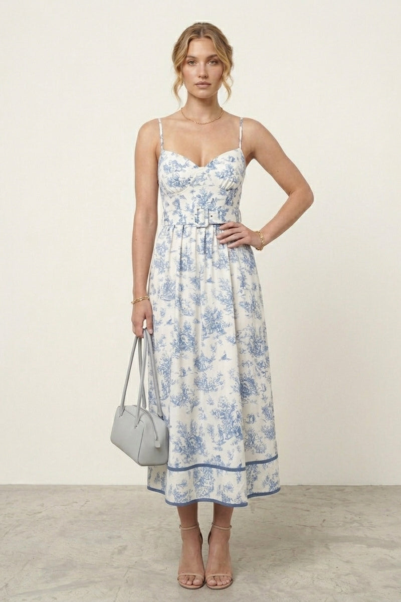 Woman wearing a floral dress holding a gray handbag against a plain background