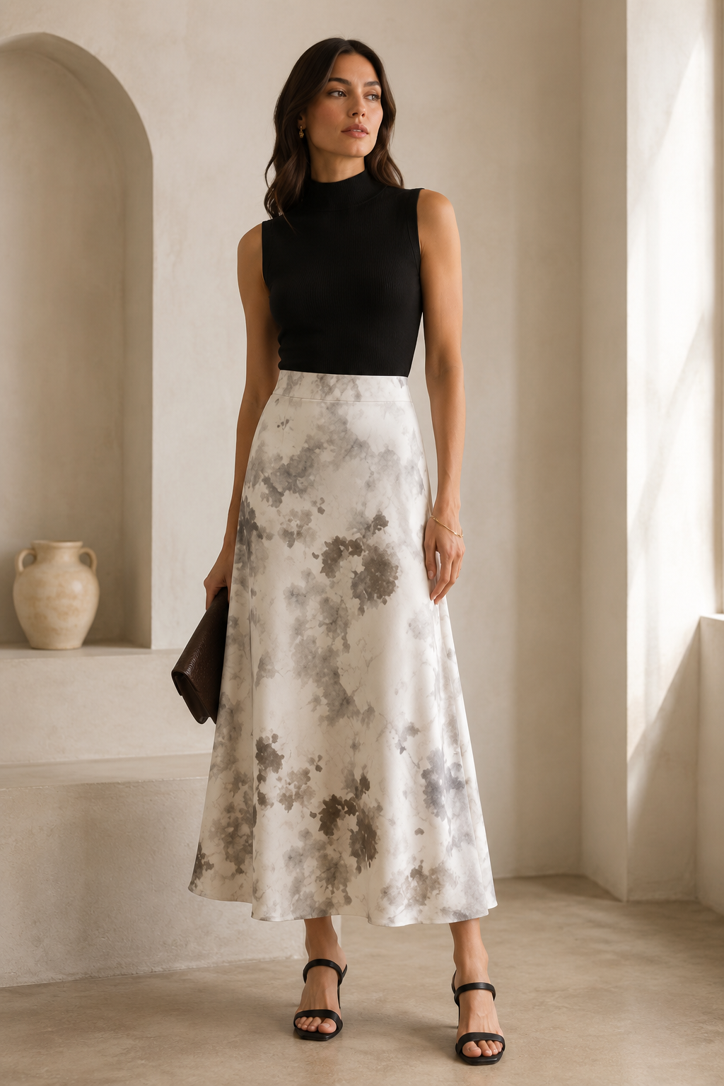 Watercolor Bloom Satin Midi Skirt