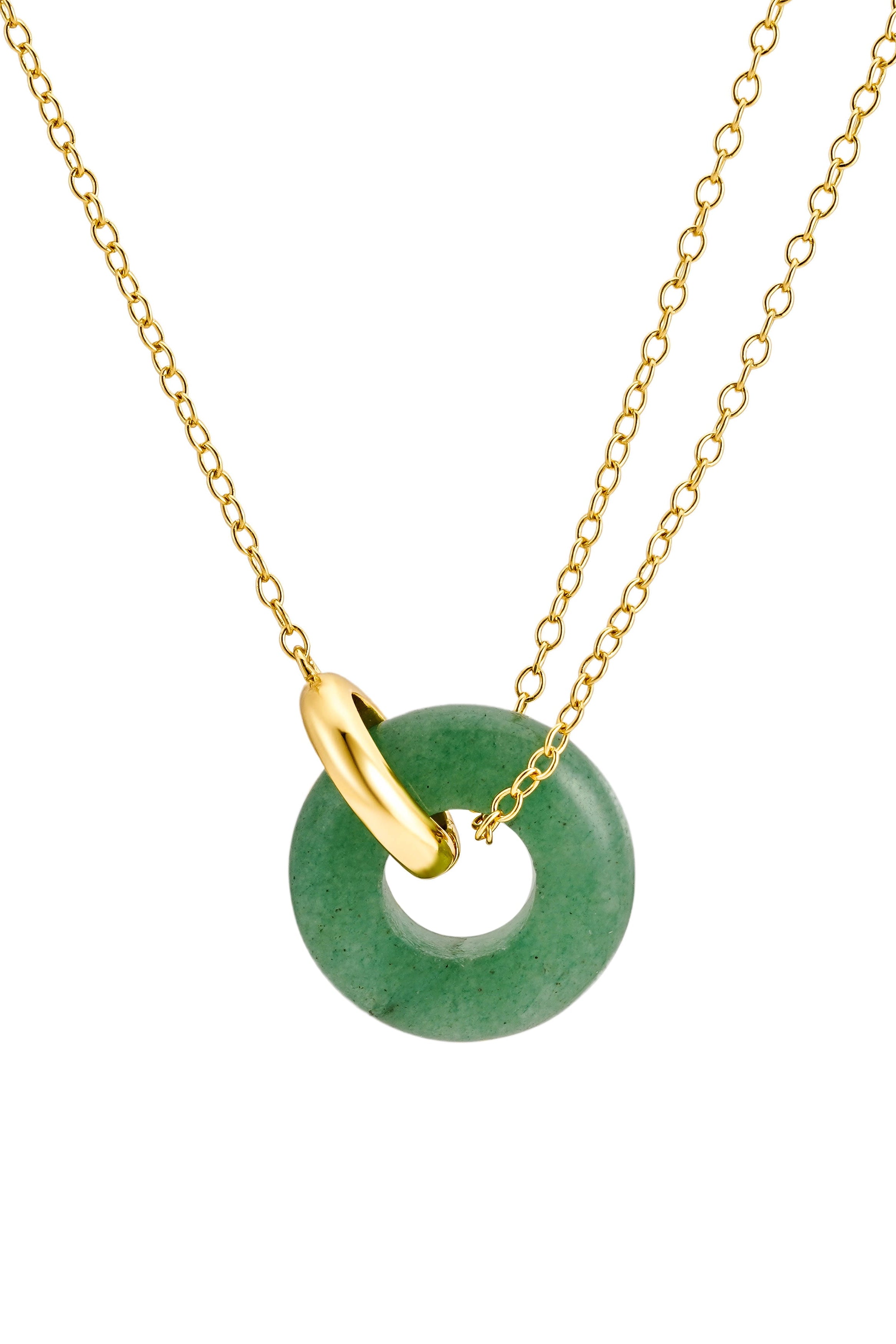 Gold necklace with a green jade pendant on a white background