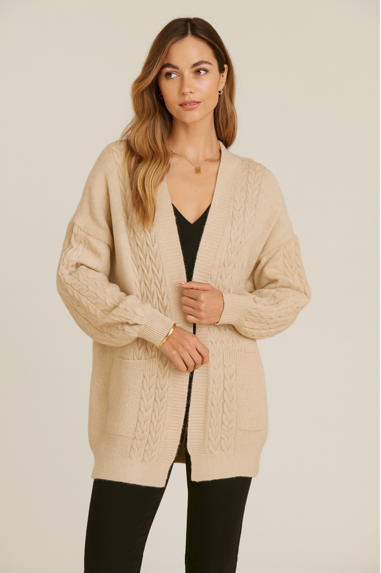 Khaki Cable Knit Long Cardigan