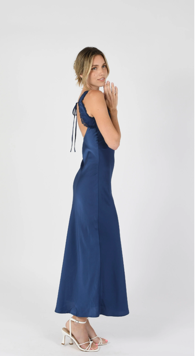 Navy Satin Lace-Trim Maxi Dress