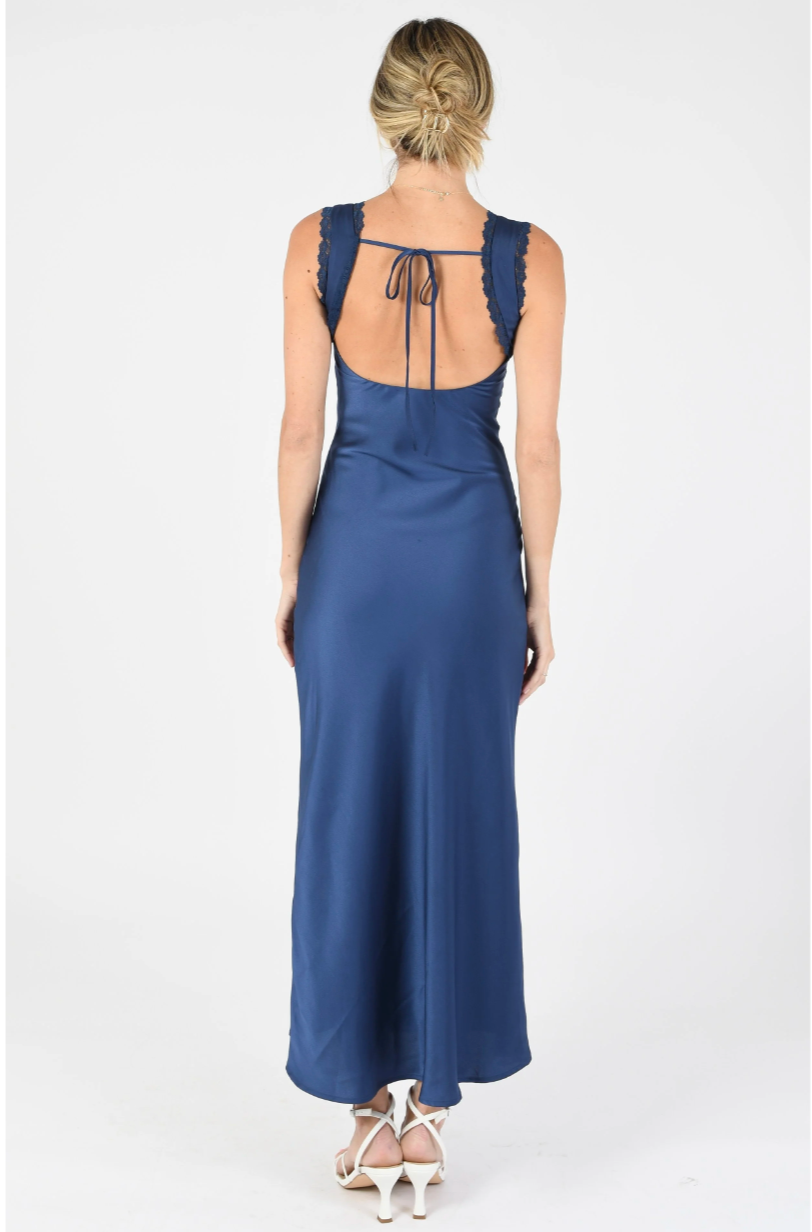 Navy Satin Lace-Trim Maxi Dress