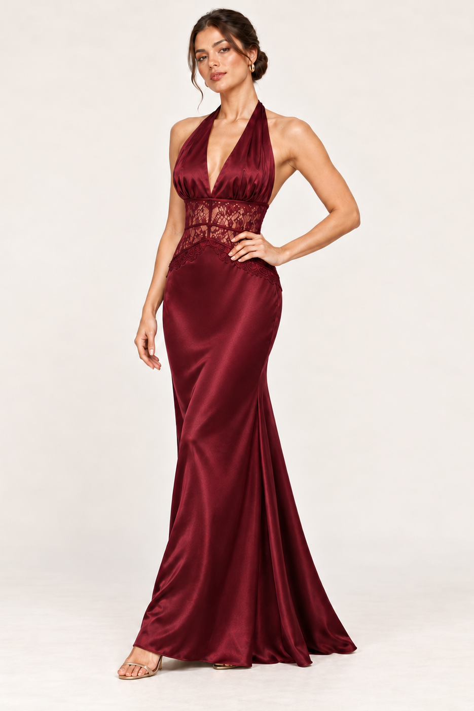 Lace Waist Satin Halter Maxi Dress