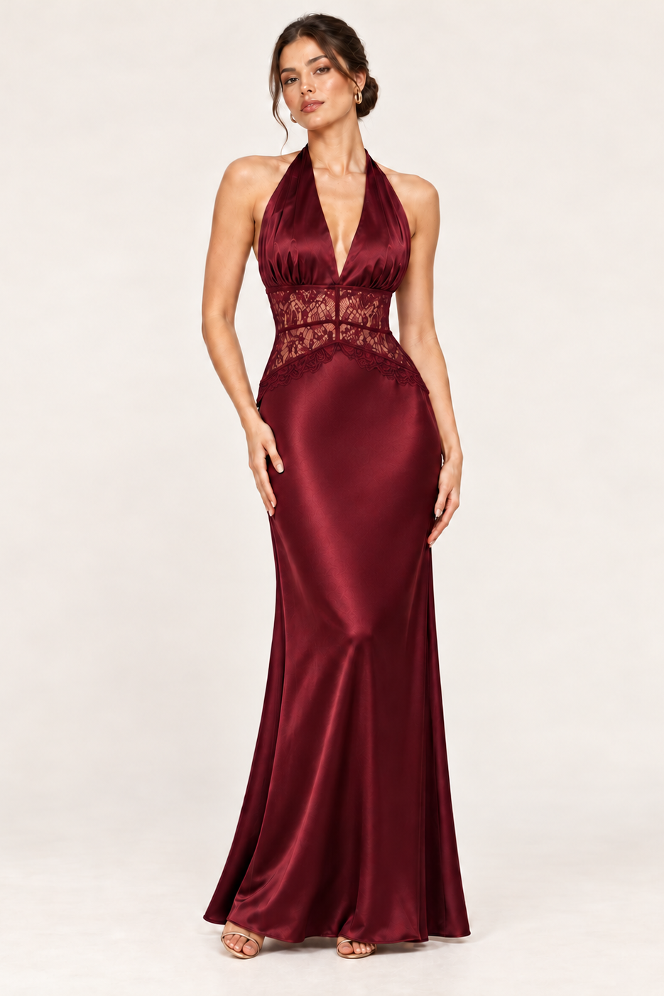 Lace Waist Satin Halter Maxi Dress