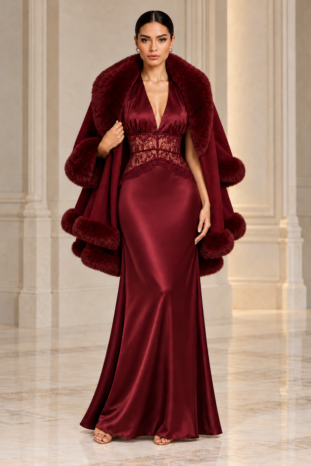 Burgundy Faux Fur Trim Cape