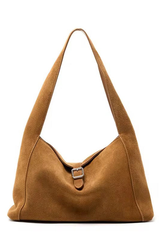 Brown shoulder bag with a buckle on a white background