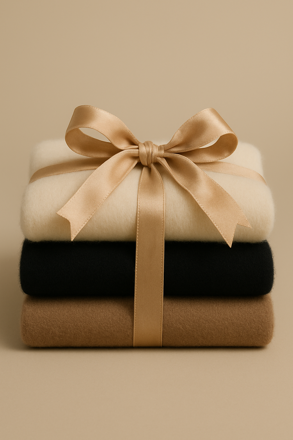 Stack of folded cashmere tops in beige, black, and brown with a gold ribbon on a beige background