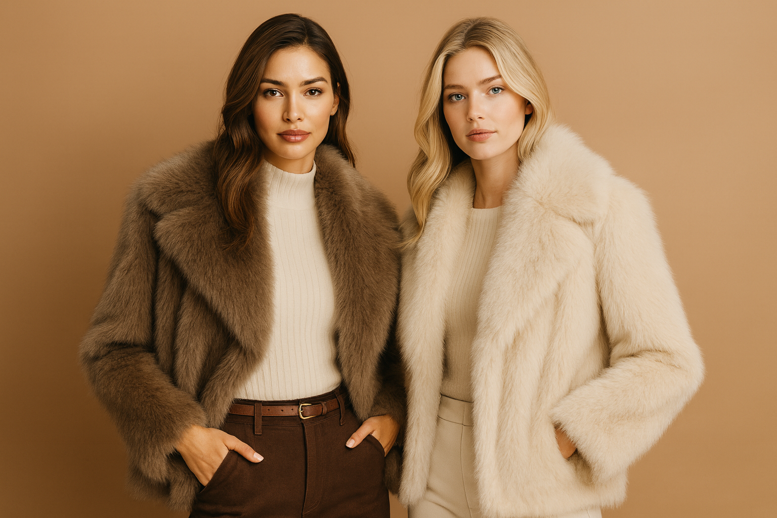 Two women wearing faux fur coats against a beige background