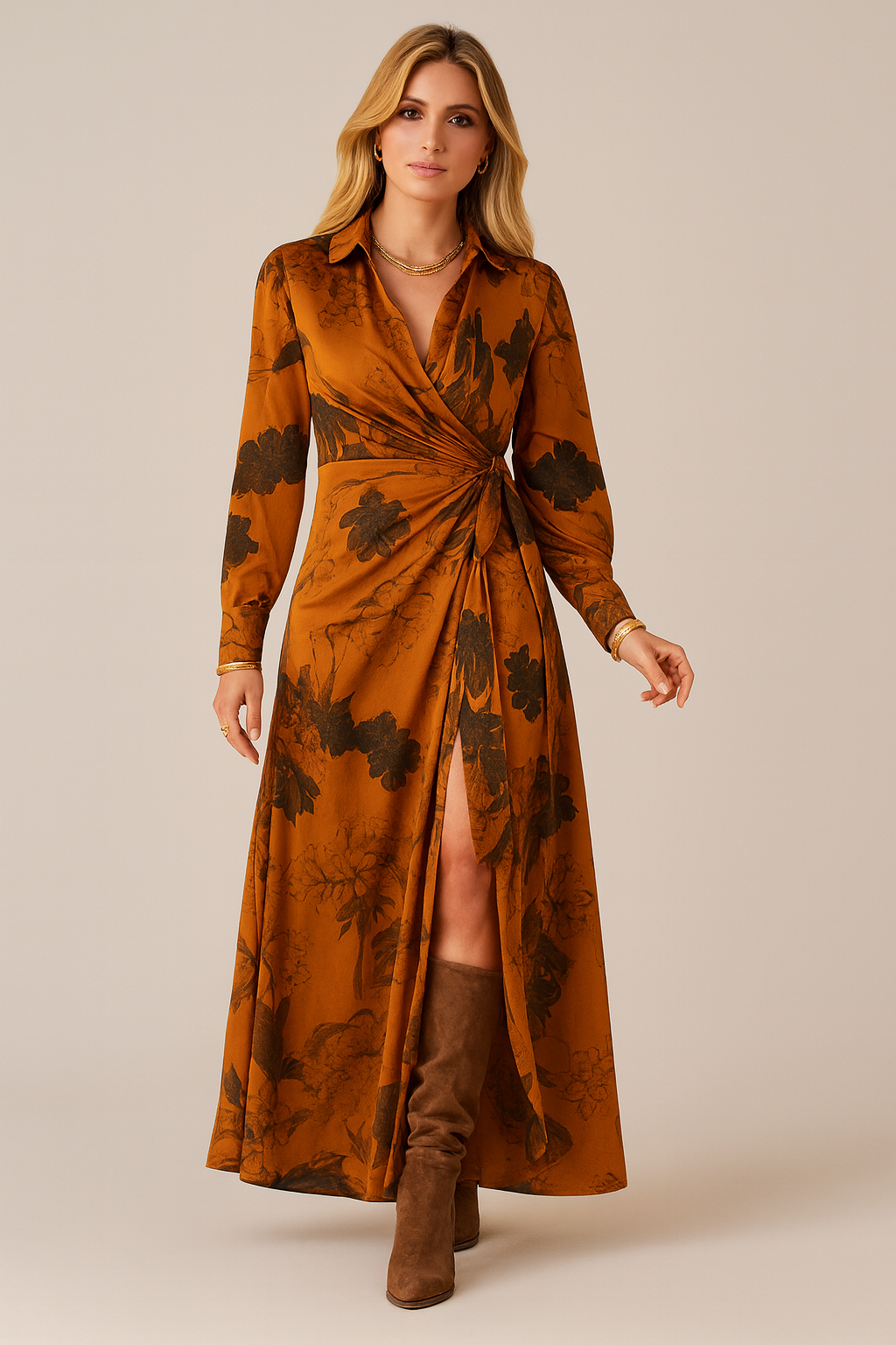 Woman wearing a long brown dress with floral patterns and brown boots on a beige background