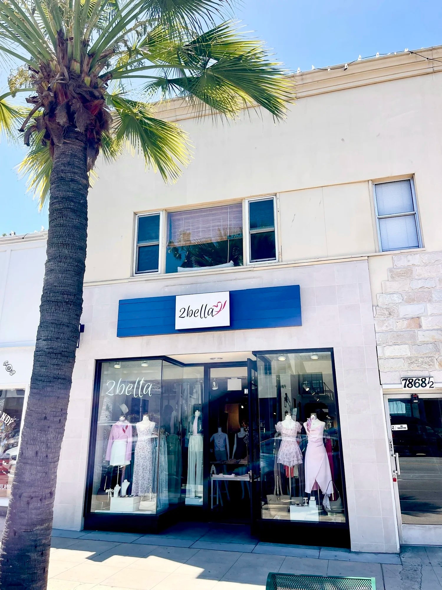 2bella La Jolla store front with mannequins in dresses in the window, and a palm tree in the foreground.