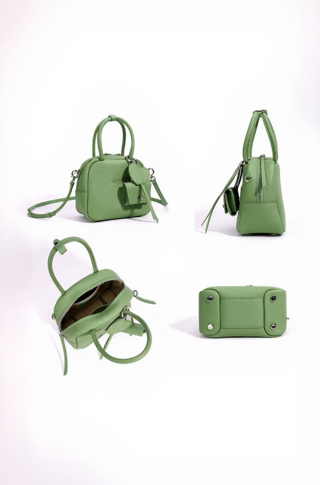 Green handbag shown from multiple angles on a white background