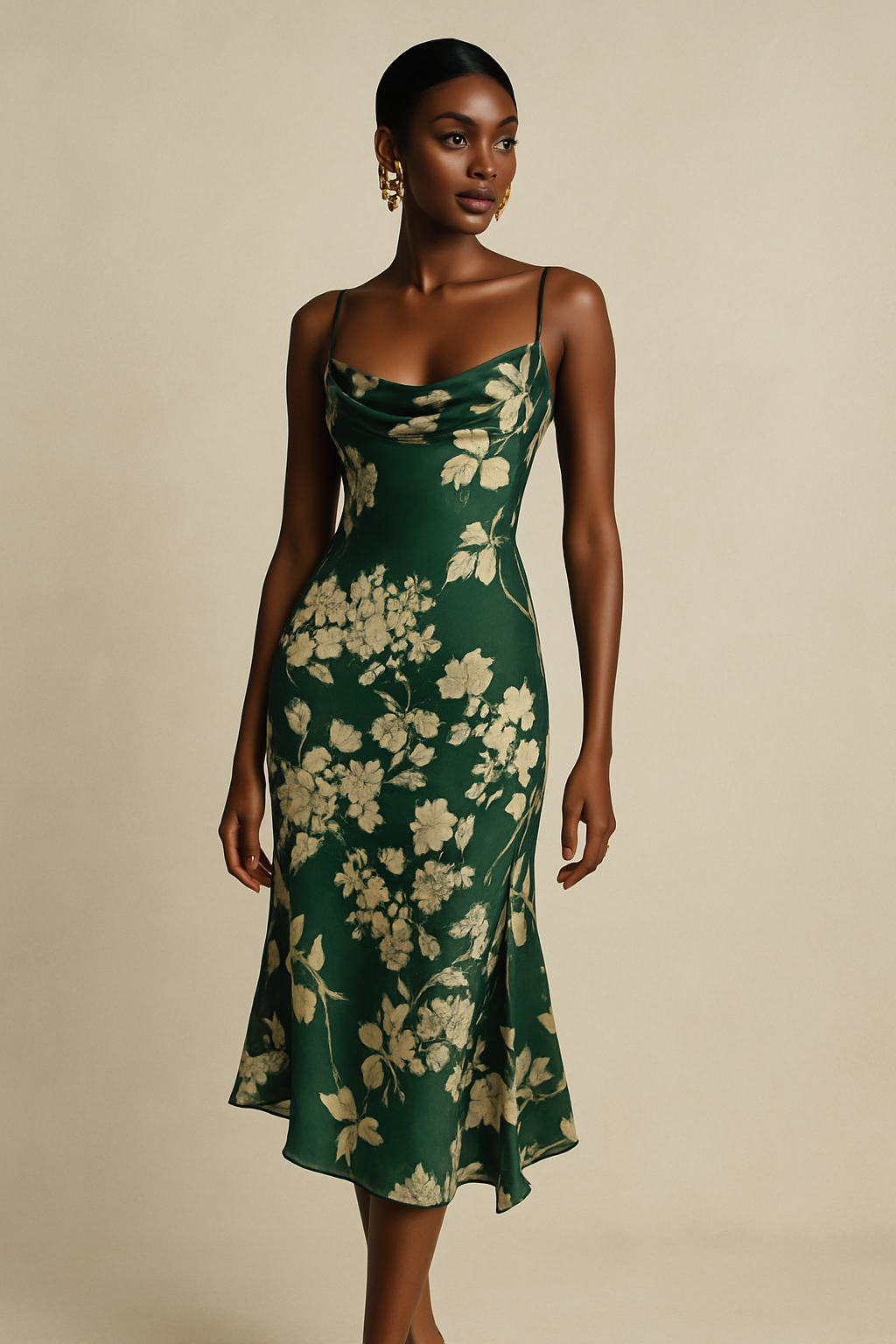 Woman wearing green floral midi dress