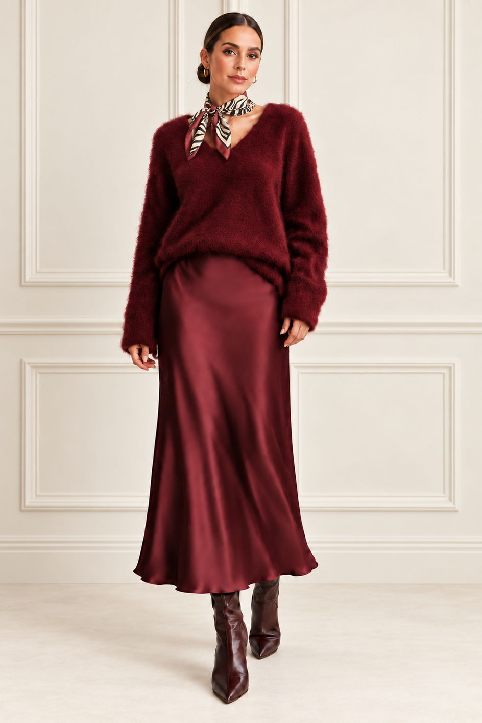 A woman models a burgundy faux fur sweater and matching satin midi skirt set, styled with a patterned neck scarf and burgundy ankle boots, against a white paneled wall.