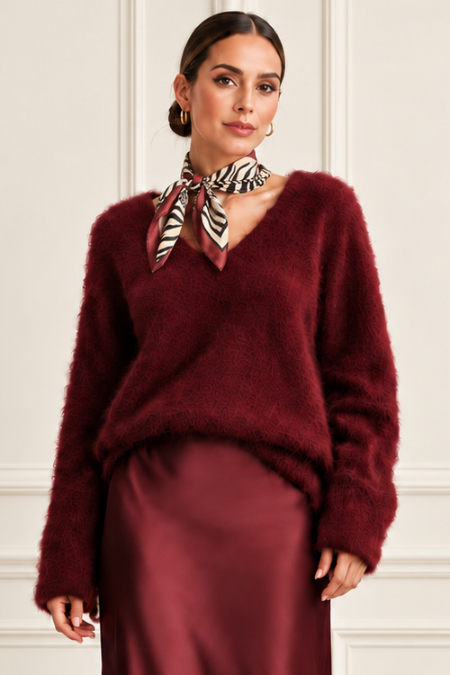 Burgundy Brushed Wool V-Neck Sweater