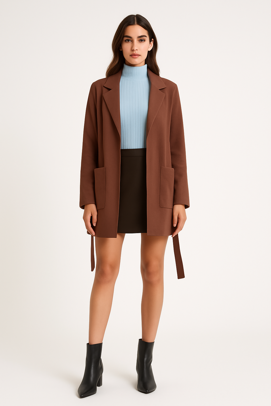 Notch Collar Patch Pockets Belted Soft Yarn Cardigan in Beige