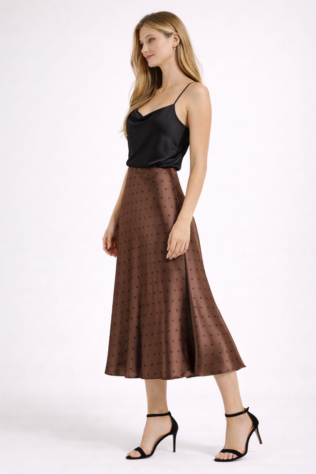 Chocolate Polka Dot Satin Midi Skirt
