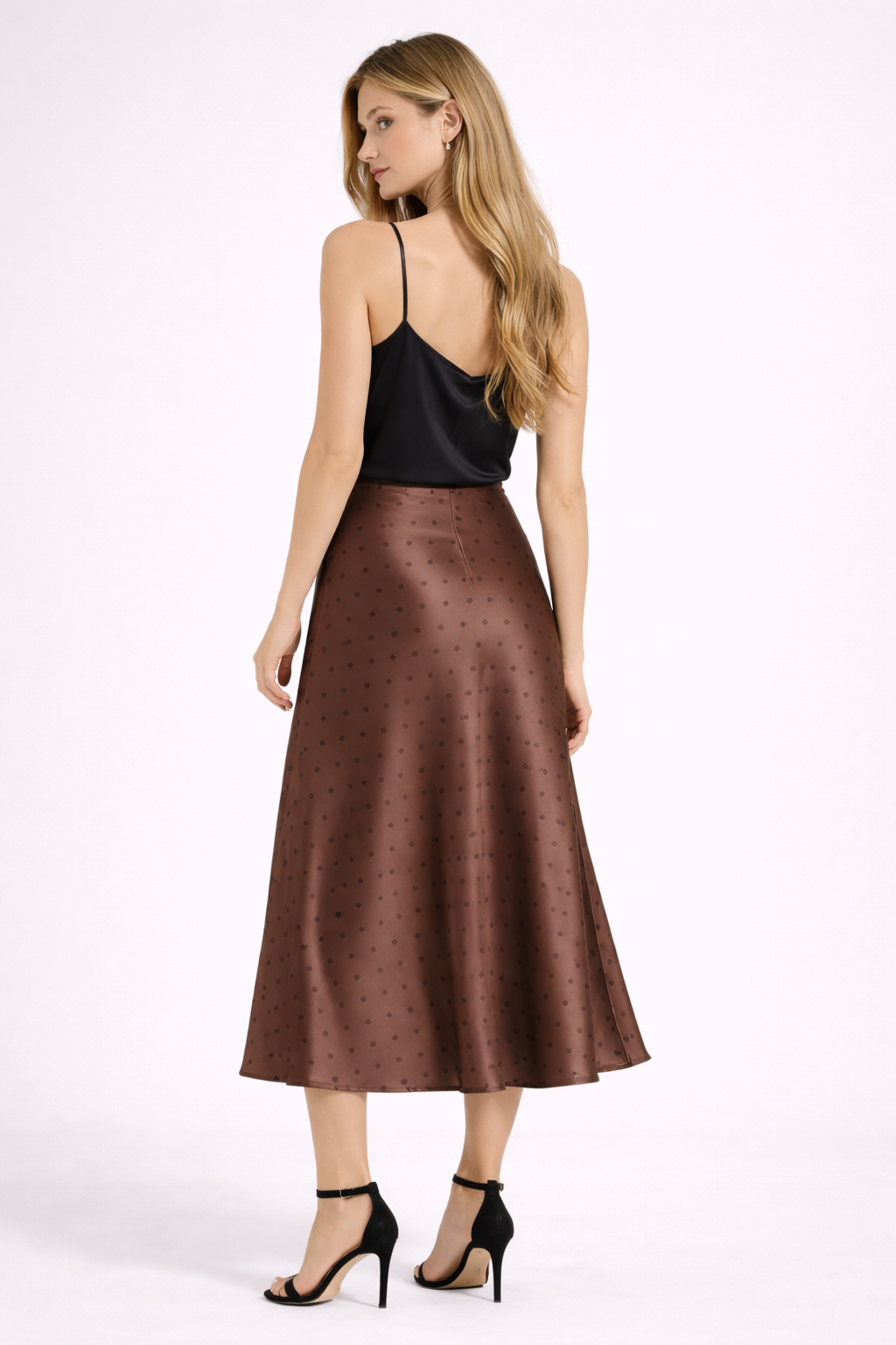 Chocolate Polka Dot Satin Midi Skirt