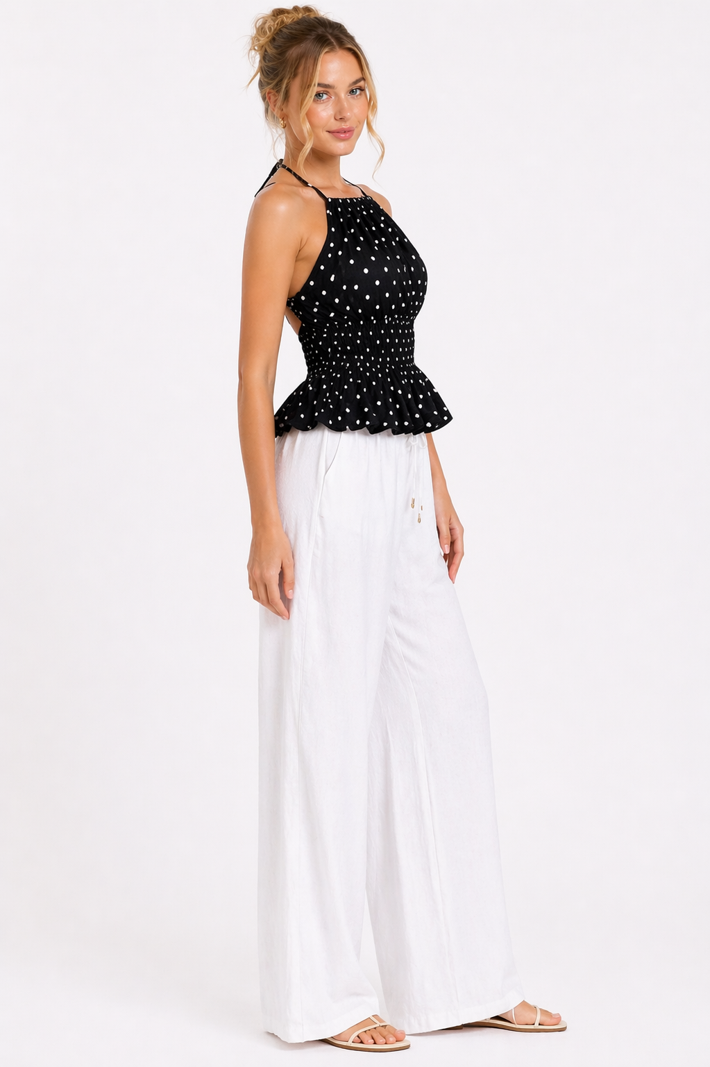 Navy Polka Dot Halter Peplum Top