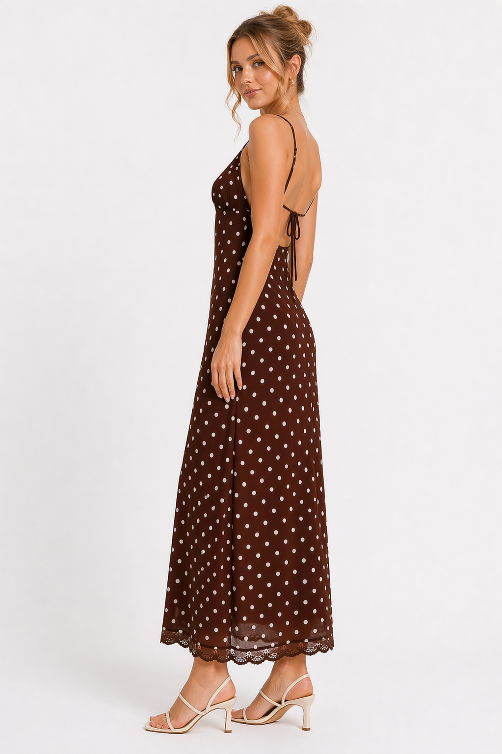 Chocolate Brown Polka Dot Lace Trim Midi Dress