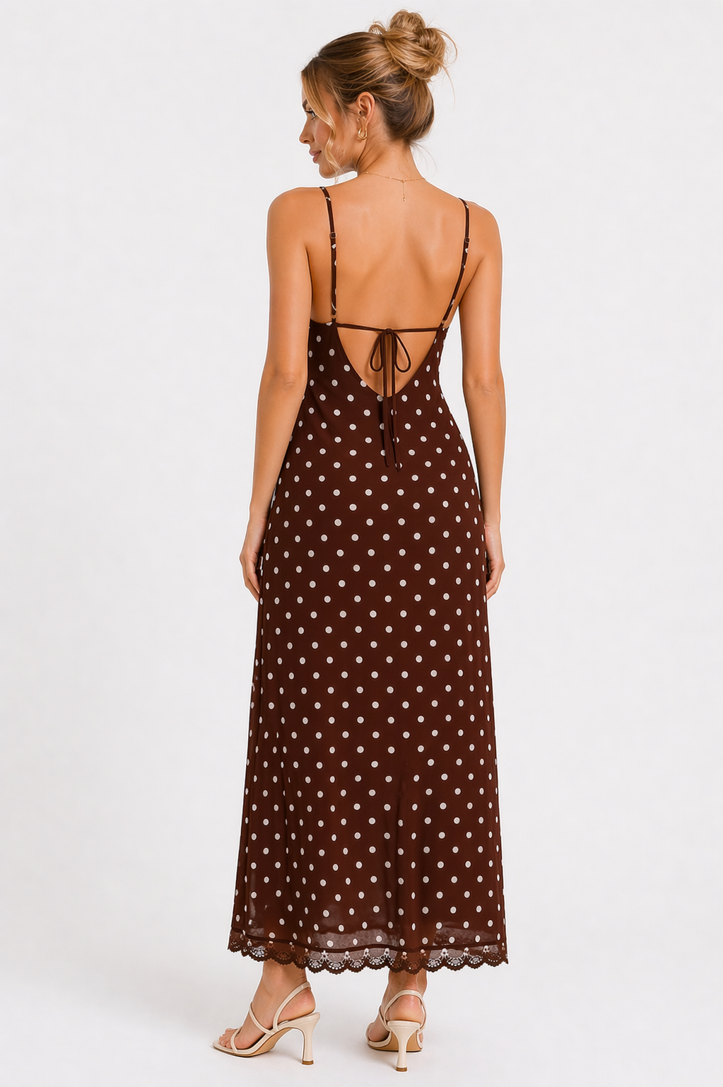 Chocolate Brown Polka Dot Lace Trim Midi Dress