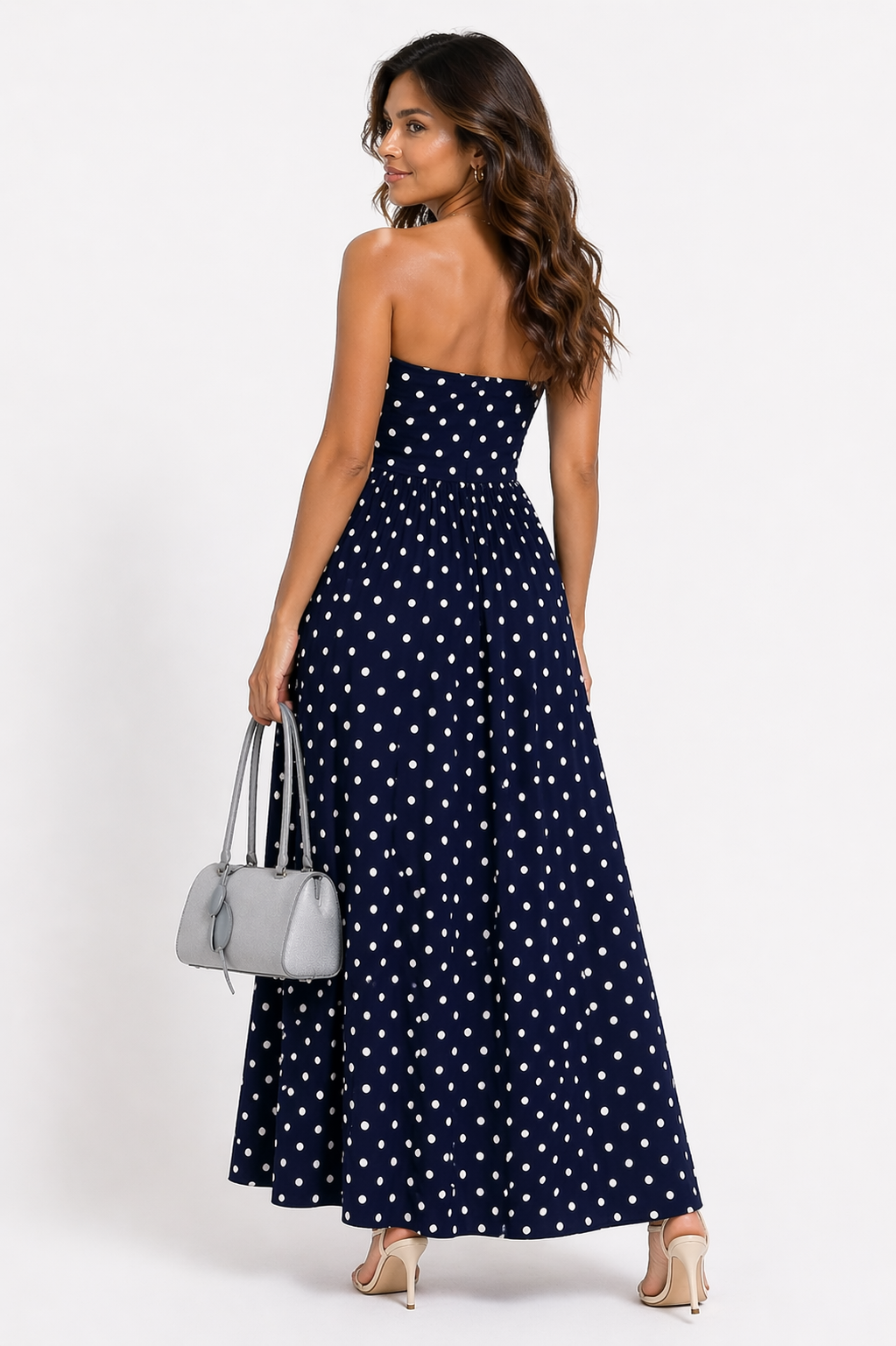 Navy Polka Dot Strapless Maxi Dress