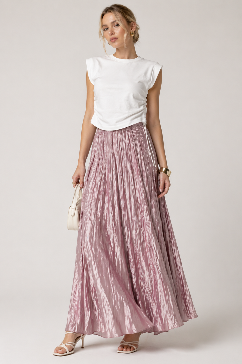Dusty Rose Crinkle Satin Maxi Skirt
