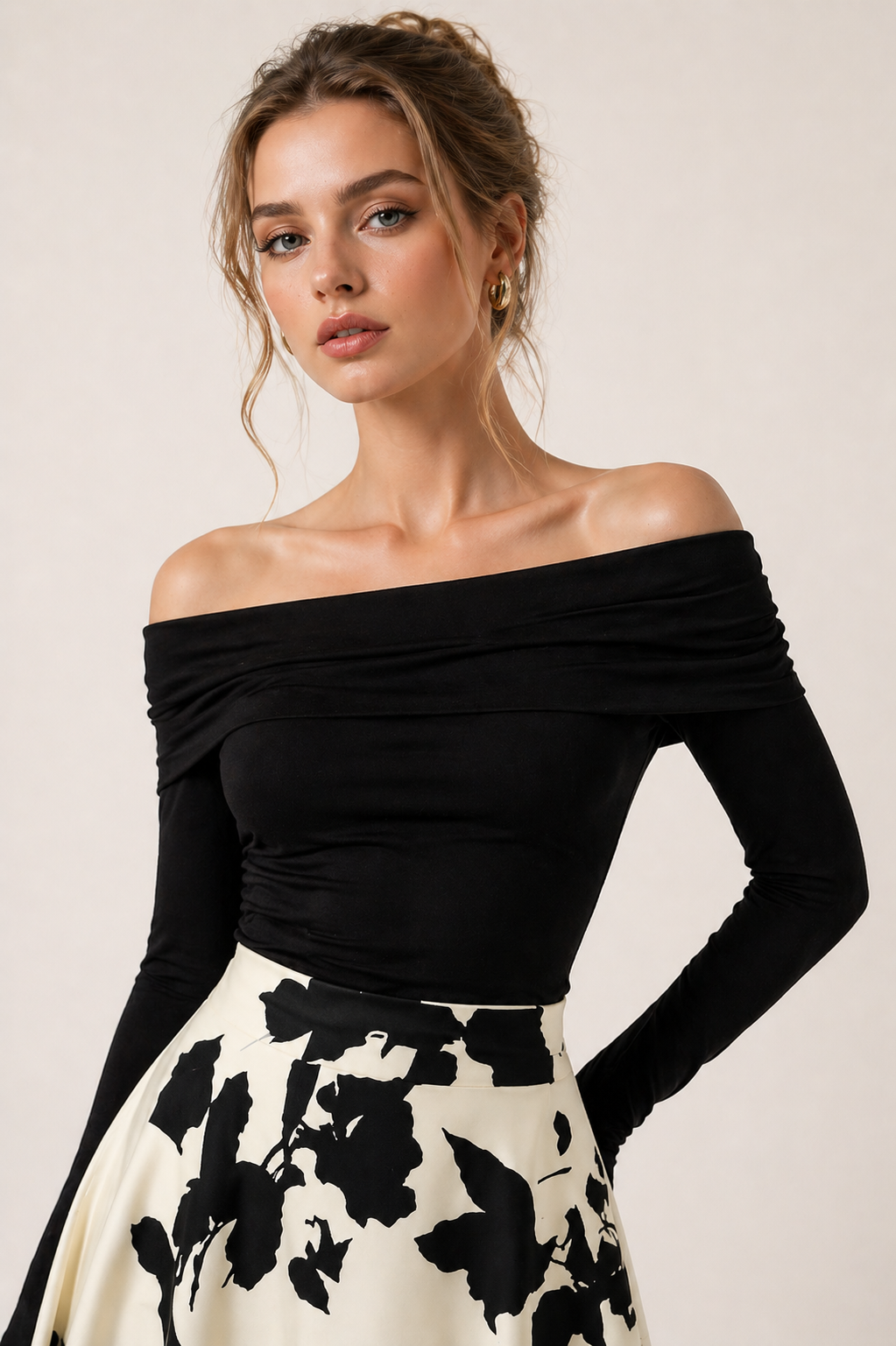 Black Off-Shoulder Long Sleeve Fitted Top