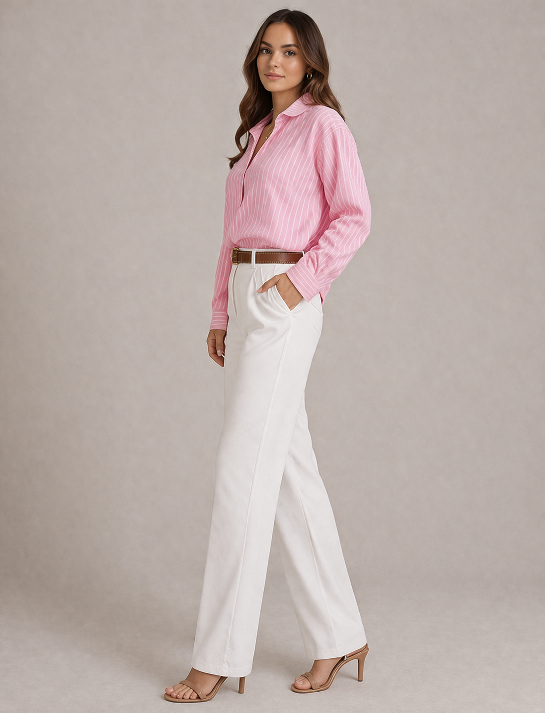 Belted Linen Blend Straight Leg Pants