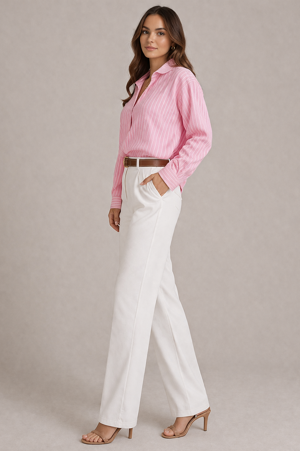 Woman wearing a pink striped shirt and white pants against a plain background