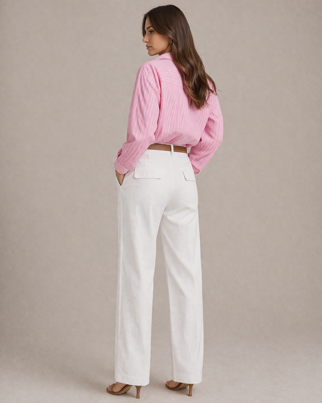 Belted Linen Blend Straight Leg Pants