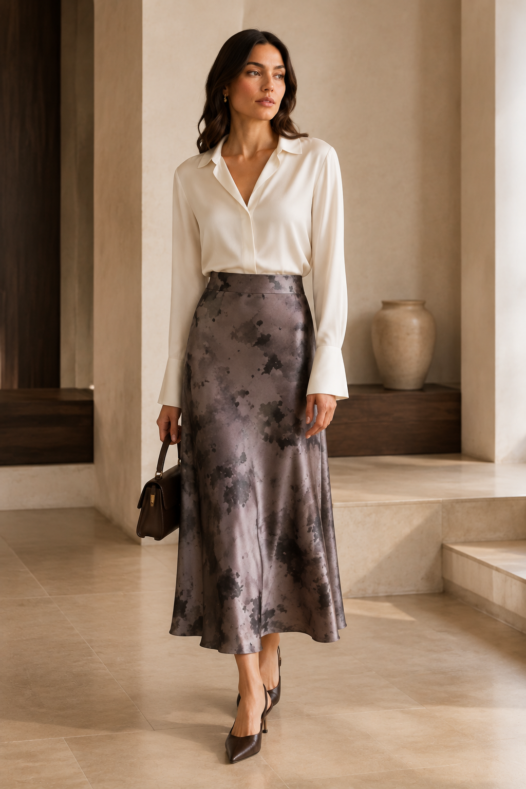 Watercolor Bloom Satin Midi Skirt