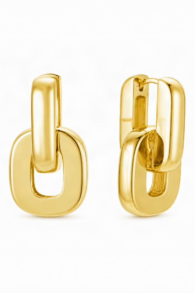 A pair of polished yellow gold chain-link hoop earrings shown from two angles on a clean white background.